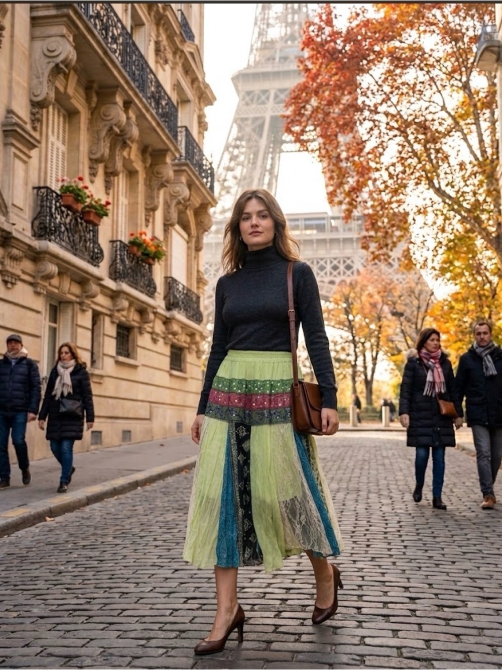 Multi-Panel Green Patchwork Midi Skirt - Women's